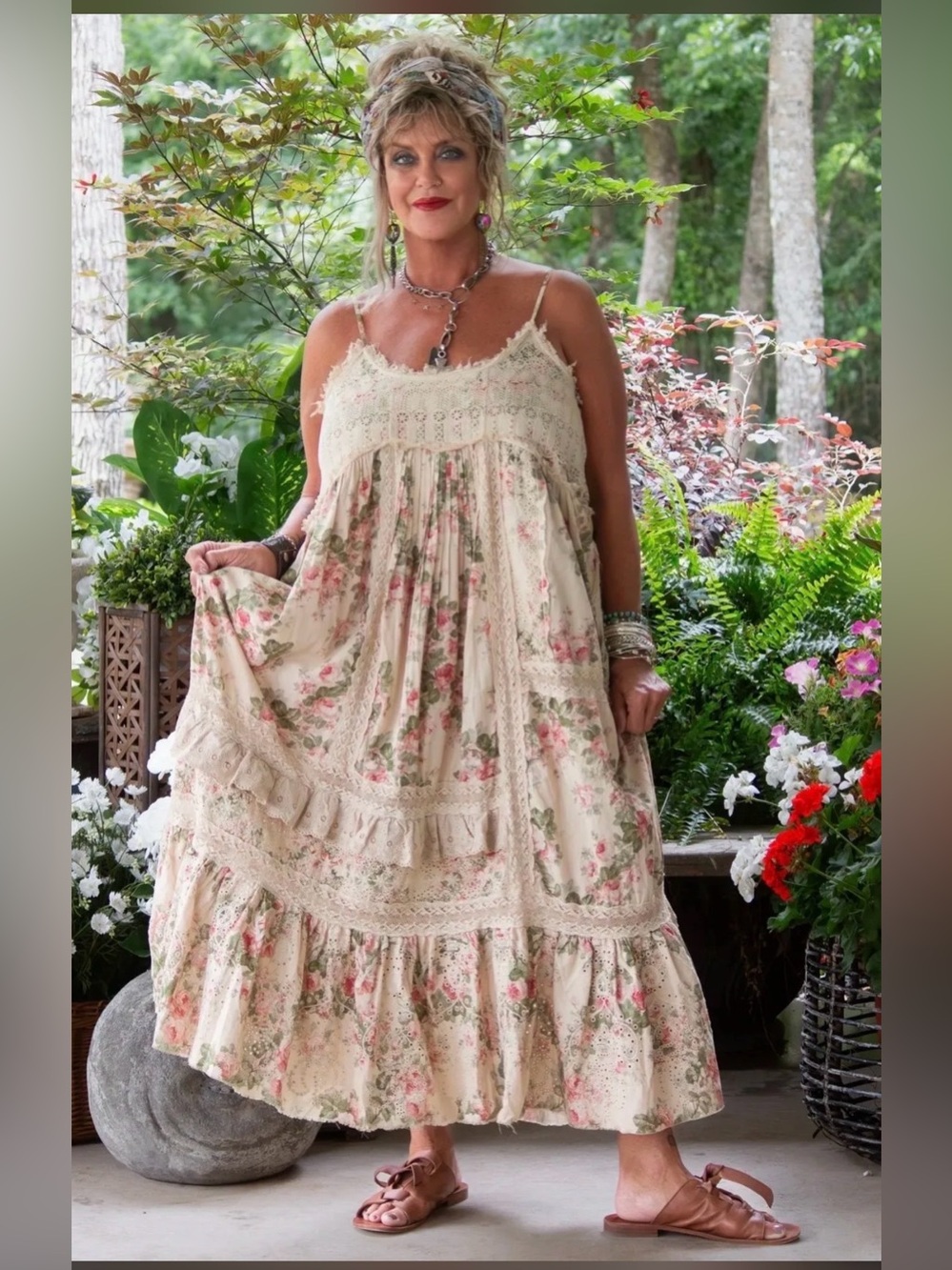 NWT Jaded Gypsy Boho Floral Lace Tiered Maxi Dress - Cream with Pink Roses OS